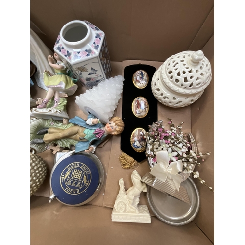 92 - 2 BOXES OF CHINA TO INCLUDE ORNAMENTS, CLOCKS, FIGURES ETC