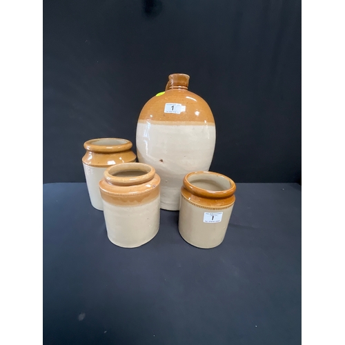 1 - VICTORIAN EARTHENWARE FLAGON AND 3 JARS - TALLEST 15