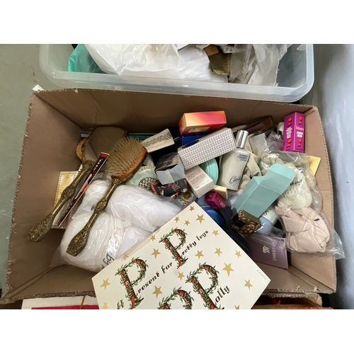 17 - 3 BOXES AND CRATE OF SEWING AND EMBROIDERY ITEMS MATERIAL ETC