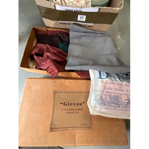 17 - 3 BOXES AND CRATE OF SEWING AND EMBROIDERY ITEMS MATERIAL ETC