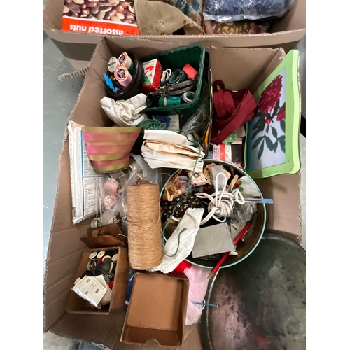 17 - 3 BOXES AND CRATE OF SEWING AND EMBROIDERY ITEMS MATERIAL ETC