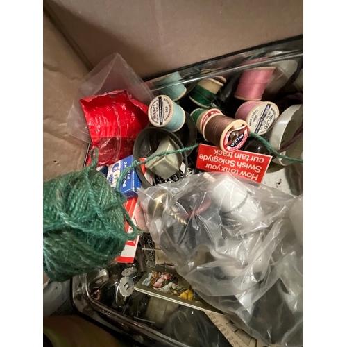 17 - 3 BOXES AND CRATE OF SEWING AND EMBROIDERY ITEMS MATERIAL ETC