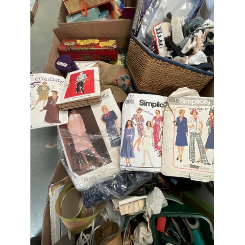 17 - 3 BOXES AND CRATE OF SEWING AND EMBROIDERY ITEMS MATERIAL ETC