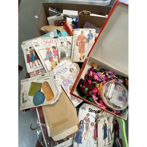 17 - 3 BOXES AND CRATE OF SEWING AND EMBROIDERY ITEMS MATERIAL ETC