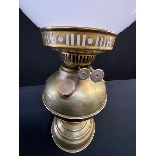 24 - VINTAGE BRASS OIL LAMP COMPLETE WITH CHIMNEY AND SHADE H19