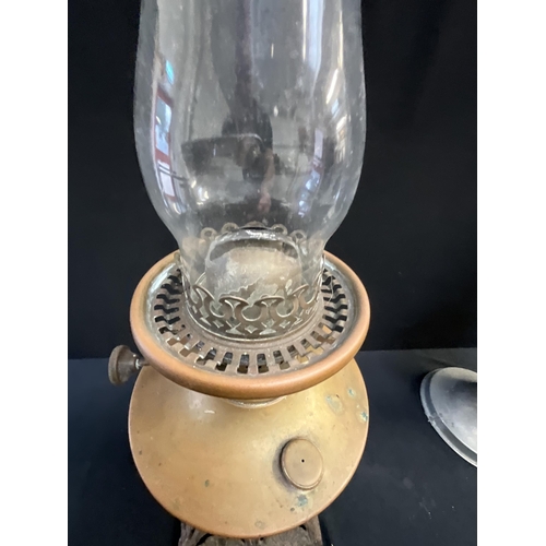 27 - VICTORIAN CAST IRON OIL LAMP COMPLETE WITH CHIMNEY AND 1 OTHER