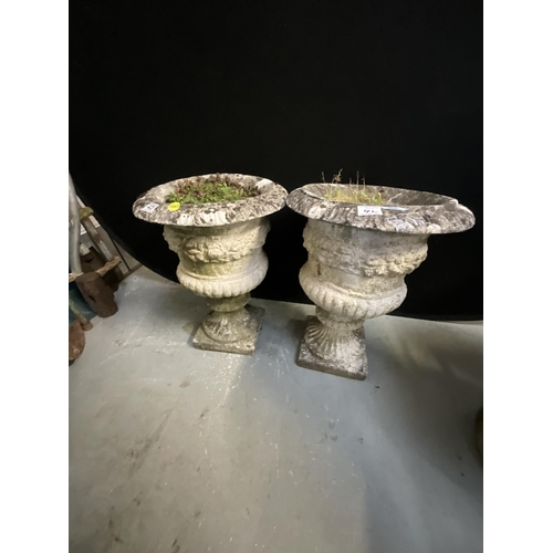 42 - PAIR OF GARDEN PEDESTAL URNS H21