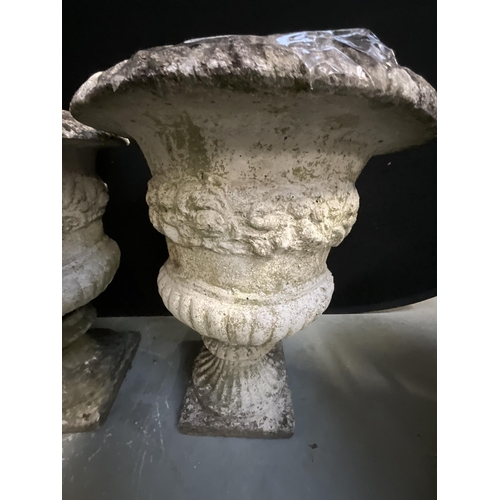 42 - PAIR OF GARDEN PEDESTAL URNS H21