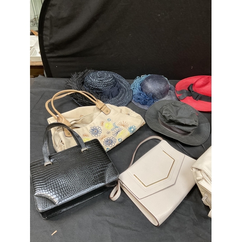 58 - 2 BOXES OF VINTAGE LADIES HANDBAGS & HATS ETC