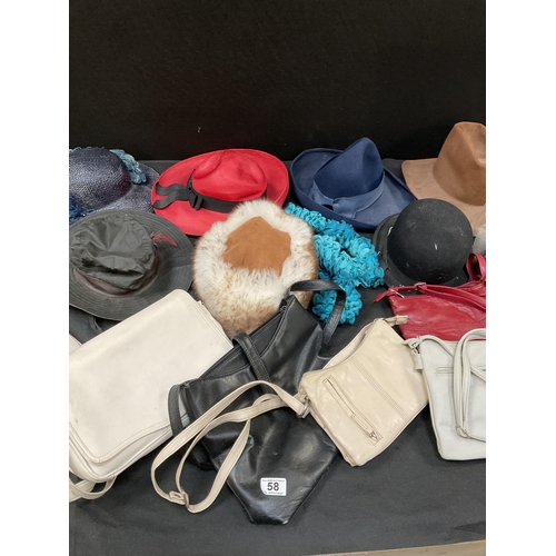 58 - 2 BOXES OF VINTAGE LADIES HANDBAGS & HATS ETC