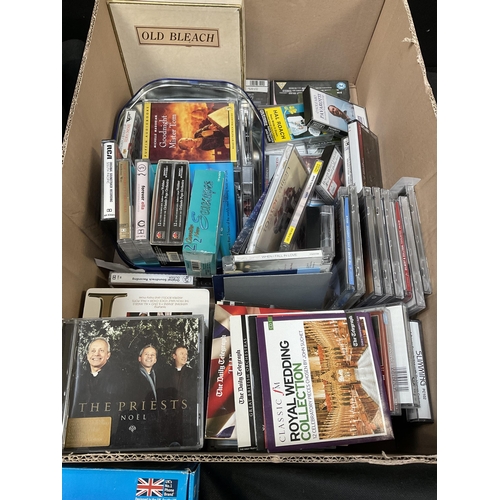 63 - BOX OF TAPES, PHILLIPS RADIO CASSETTE PLAYER SONY SPEAKERS, TOSHIBA SPEAKERS ETC