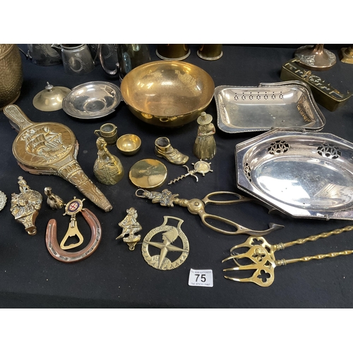 75 - BOX OF BRASS AND METALWARE TO INCLUDE COPPER ARTS & CRAFTS TRAY WITH IMPRESSED MARK S&S