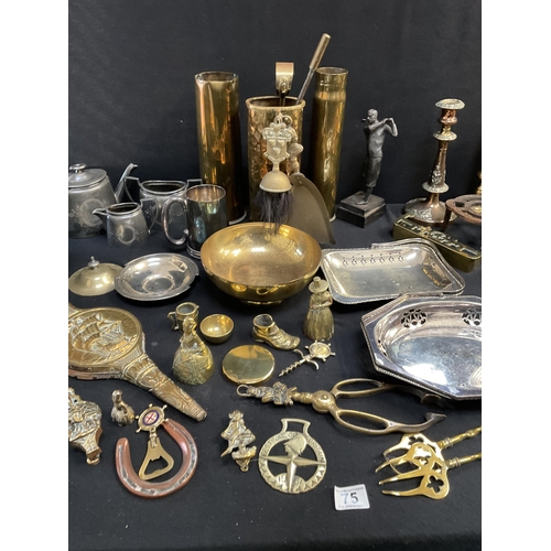 75 - BOX OF BRASS AND METALWARE TO INCLUDE COPPER ARTS & CRAFTS TRAY WITH IMPRESSED MARK S&S