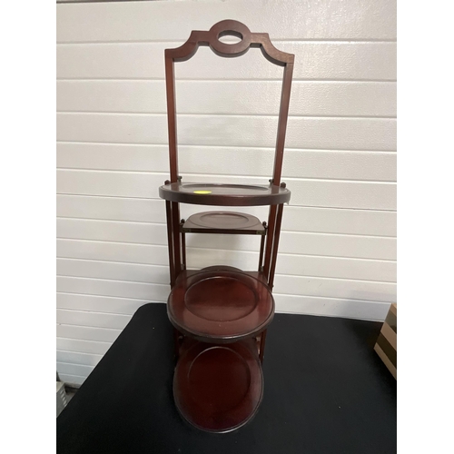 81 - EDWARDIAN MAHOGANY FOLDING CAKE STAND H36