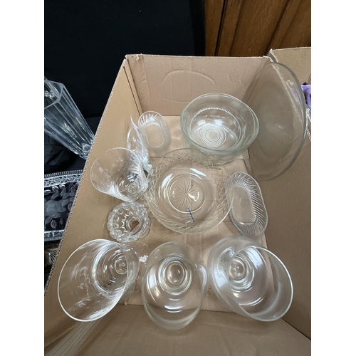 90 - 3 BOXES OF GLASSWARE ETC TO INCLUDE DECANTERS & VASES