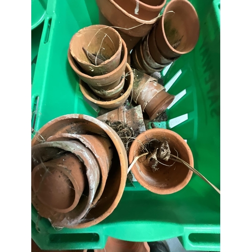 93 - 2 CRATES OF VINTAGE TERRACOTTA PLANT POTS AND QTY PLANTERS ETC - STONEWARE BOTTLE A/F