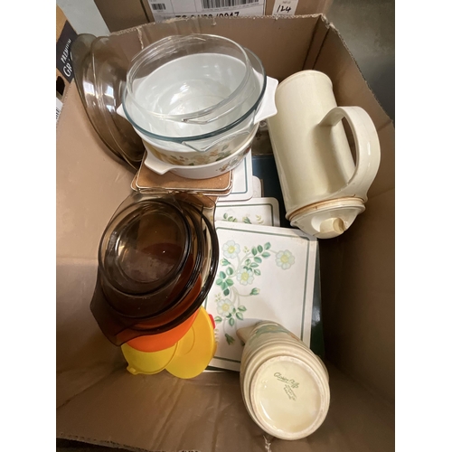 124 - 4 BOXES OF CHINA & KITCHENWARE PYREX ETC