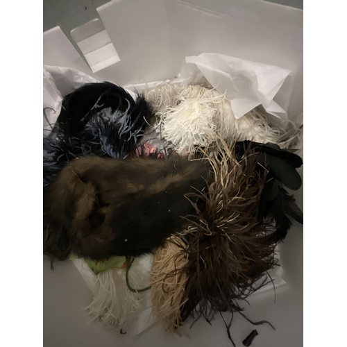 141 - 2 VINTAGE DRESSES, FUR COAT, 2 BOXES OF VINTAGE HATS