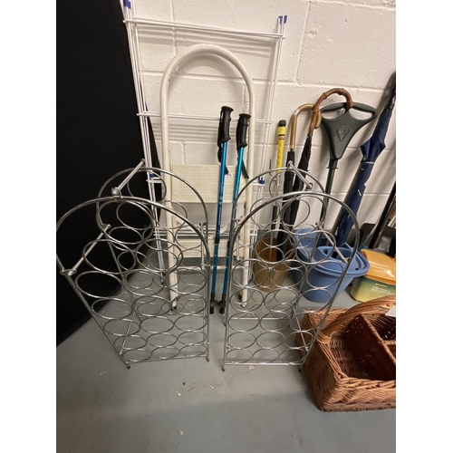 142 - 2 WINE RACKS, SHOOTING STICK, PICNIC BASKET ETC