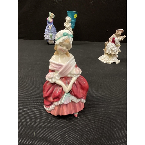 146 - MINTON FIGURE OF BOY CARRYING BASKET, 2 ROYAL DOULTON FIGURES A/F, CONTINENTAL PORCELAIN FIGURE