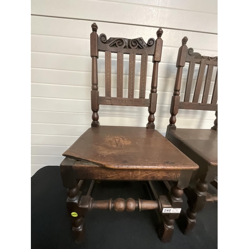 248 - PAIR OF EARLY OAK PEGGED & DOWELLED HALL CHAIRS A/F