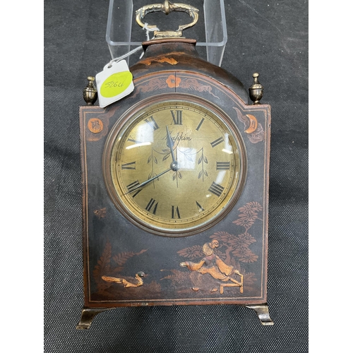 154 - VICTORIAN FRENCH JAPANNED MANTEL CLOCK WITH BRASS CARRYING HANDLE ON 4 BRASS FEET HAND PAINTED DECOR... 