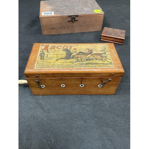 160 - CIGAR BOX WITH SMALL SHELLS, VINTAGE ASCOT RACING GAME COMPLETE WITH LEAD HORSES H3