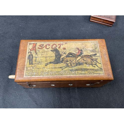 160 - CIGAR BOX WITH SMALL SHELLS, VINTAGE ASCOT RACING GAME COMPLETE WITH LEAD HORSES H3