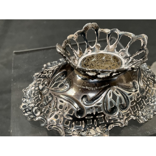 161 - HALLMARK SILVER FILIGREED DISH RETAILED BY PICADILLY LONDON 1894 WEIGHT 4.4G AND SILVER BACKED BRUSH... 