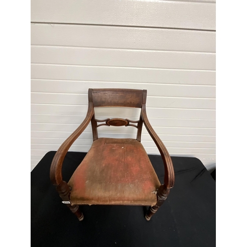 258 - GEORGIAN MAHOGANY ARMCHAIR ON TURNED LEGS WITH UPHOLSTERED SEAT