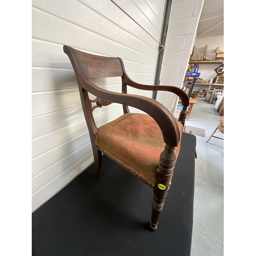 258 - GEORGIAN MAHOGANY ARMCHAIR ON TURNED LEGS WITH UPHOLSTERED SEAT