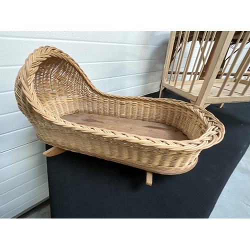 259 - VINTAGE WICKER CRIB ON STAND, SMALLER WICKER CRIB AND DOLLS COT A/F LEG MISSING