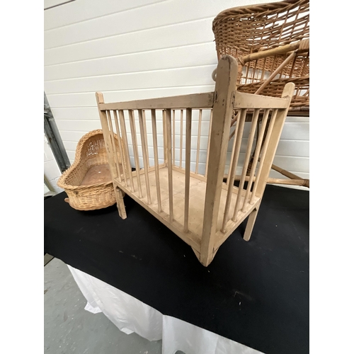 259 - VINTAGE WICKER CRIB ON STAND, SMALLER WICKER CRIB AND DOLLS COT A/F LEG MISSING