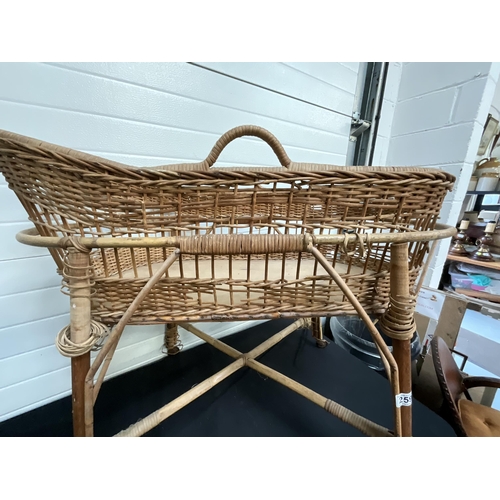 259 - VINTAGE WICKER CRIB ON STAND, SMALLER WICKER CRIB AND DOLLS COT A/F LEG MISSING