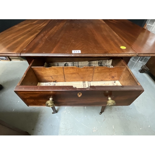 272 - GEORGIAN MAHOGANY PEMBROOKE STYLE LIBRARY TABLE WITH 2 DRAWERS ON SABRE LEGS ON ORIGINAL BRASS CASTO... 