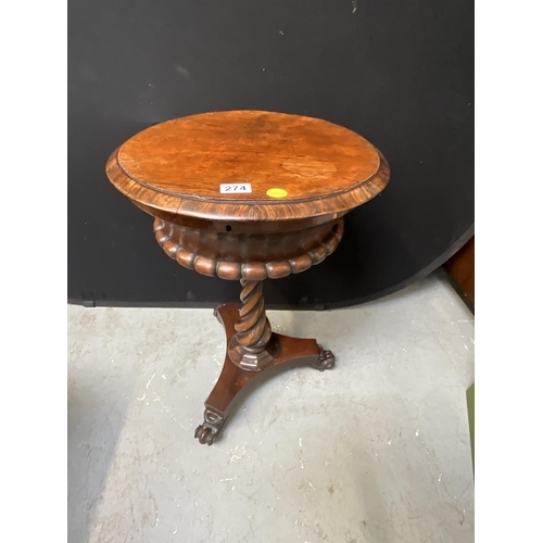 274 - WILLIAM IV ROSEWOOD TEA POY ON TWISTED PEDESTAL WITH TRIPOD BASE A/F COMPLETE WITH TEA CADDIES H29