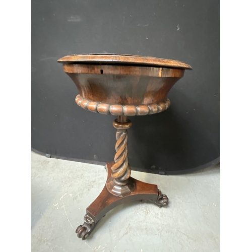 274 - WILLIAM IV ROSEWOOD TEA POY ON TWISTED PEDESTAL WITH TRIPOD BASE A/F COMPLETE WITH TEA CADDIES H29