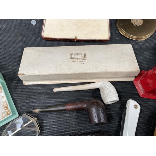 182 - CRATE OF COLLECTABLES TO INCLUDE SILVER & ENAMEL TOPPED BOWL, POSTAGE SCALES, ETC