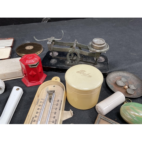 182 - CRATE OF COLLECTABLES TO INCLUDE SILVER & ENAMEL TOPPED BOWL, POSTAGE SCALES, ETC