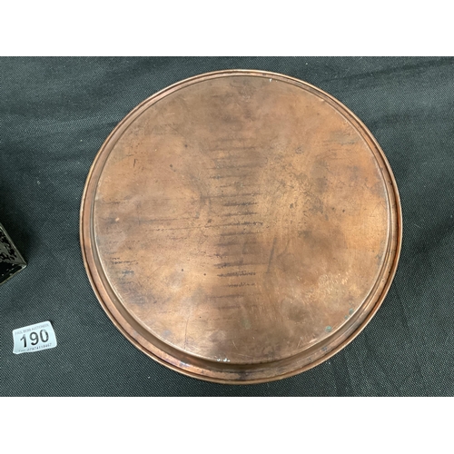 190 - COPPER TEACHERS ADVERTISING TRAY, MONEY TIN