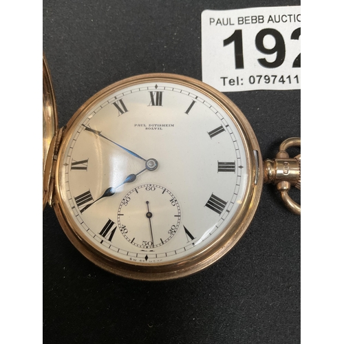 192 - 9CT GOLD FULL HUNTER SOLVIL POCKET WATCH BY SWISS MAKER PAUL DITISHEIM - WORKING ORDER TOTAL WEIGHT ... 