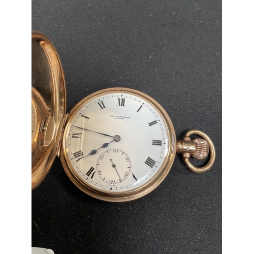 192 - 9CT GOLD FULL HUNTER SOLVIL POCKET WATCH BY SWISS MAKER PAUL DITISHEIM - WORKING ORDER TOTAL WEIGHT ... 