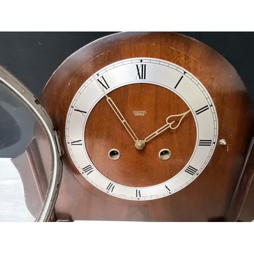 276 - WALNUT VENEERED MANTEL CLOCK AND SMALL WALL BAROMETER