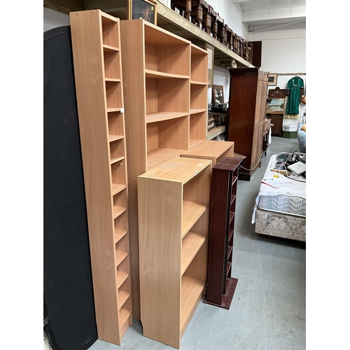 290 - 5 BEECH EFFECT SHELVES AND A MAHOGANY EFFECT CD RACK - LARGEST H80