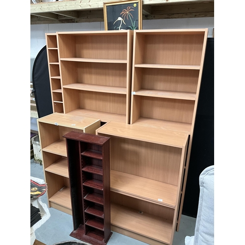 290 - 5 BEECH EFFECT SHELVES AND A MAHOGANY EFFECT CD RACK - LARGEST H80