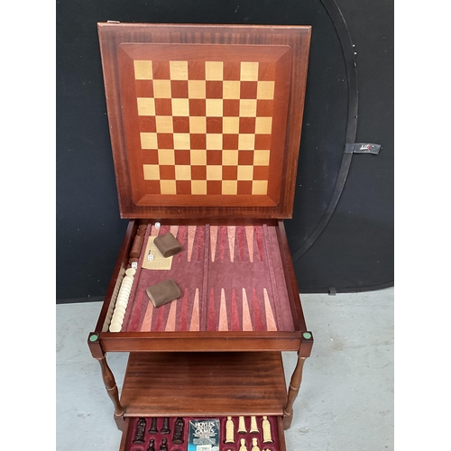 292 - REPRODUCTION MAHOGANY GAMES  TABLE WITH ACCESSORIES H22