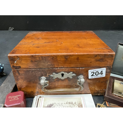 204 - 2 MAHOGANY BOXES OF COLLECTABLE ITEMS TO INCLUDE ARCHITECTS RULERS, EAGLE PIN CUSHION, LIGHTERS POST... 