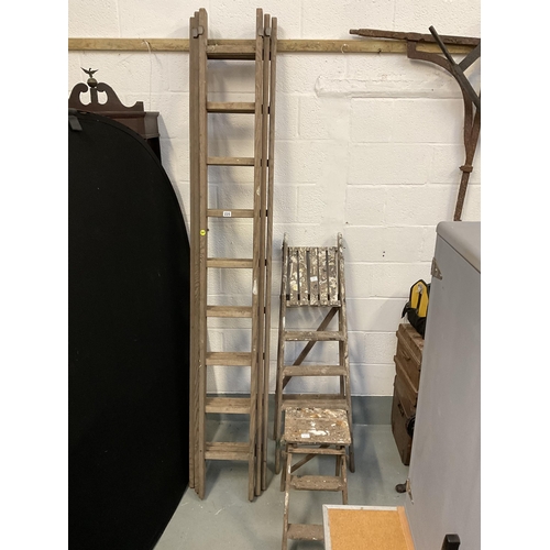 225 - TRIPLE WOODEN EXTENDING LADDER AND 2 STEP LADDERS