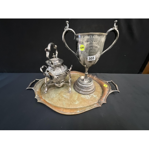 305 - LARGE SILVER PLATED TWIN HANDLED SERVING TRAY, ORNATE SILVER PLATED SPIRIT KETTLE, LARGE SILVER PLAT... 