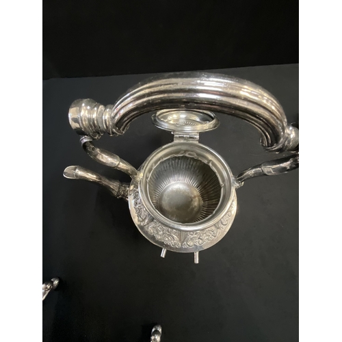 305 - LARGE SILVER PLATED TWIN HANDLED SERVING TRAY, ORNATE SILVER PLATED SPIRIT KETTLE, LARGE SILVER PLAT... 